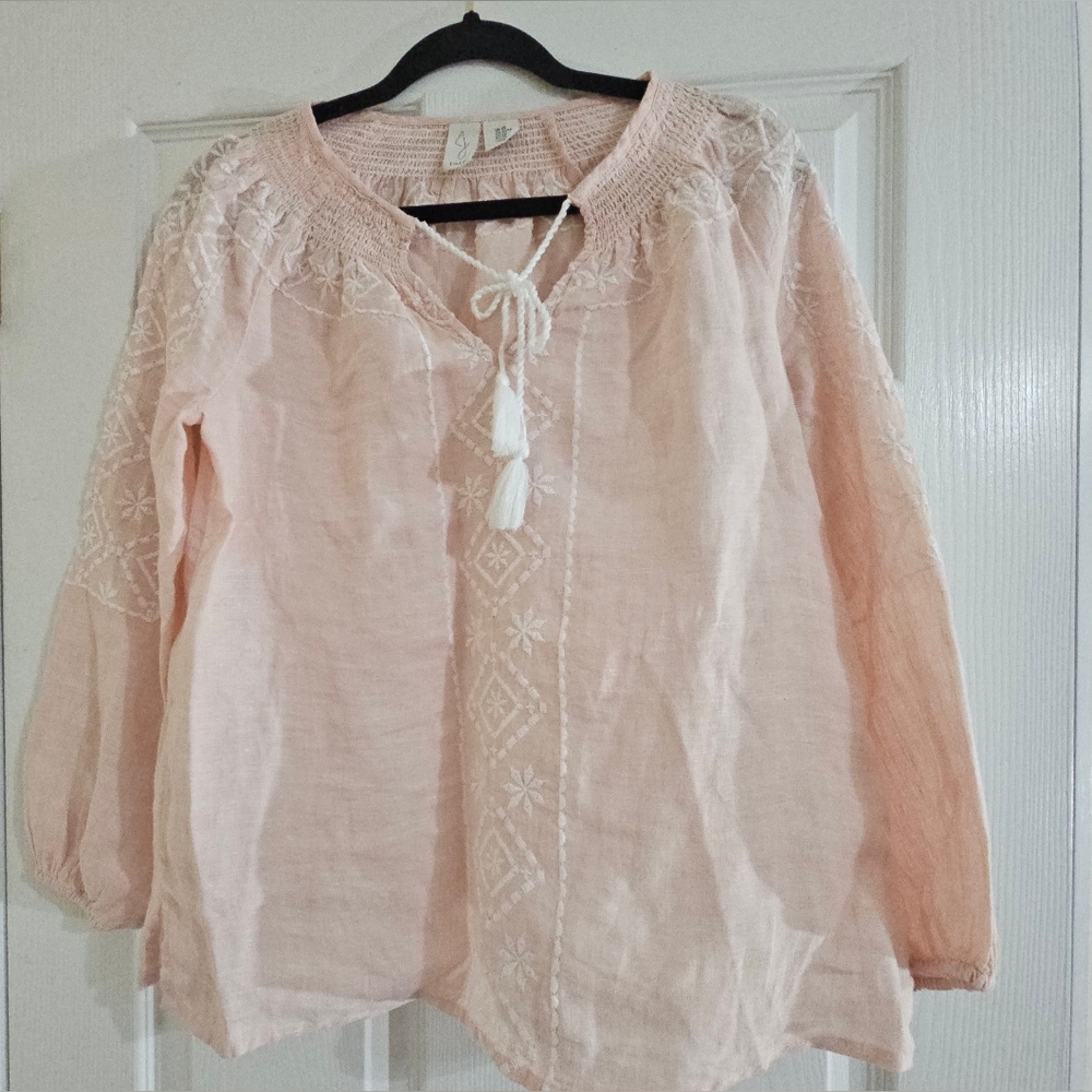 JOIE Women's Pink Peasant Embroidered Linen top